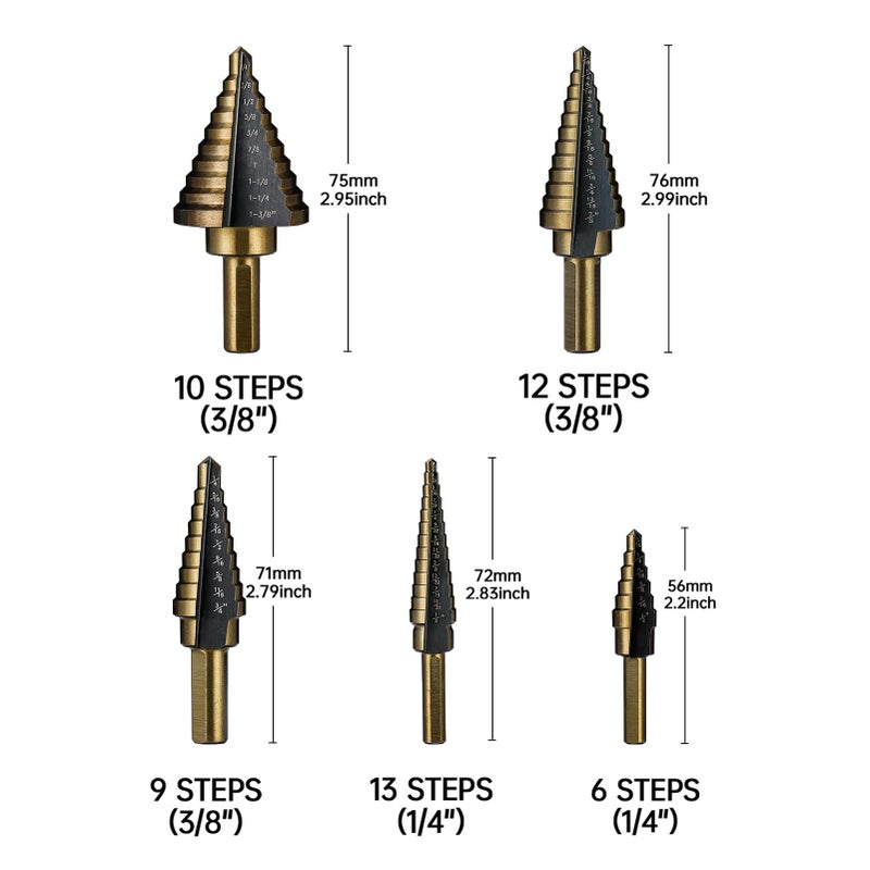 IRONANT Step Drill Bits, 5PCS HSS Titanium Step Drill Bit Set, 50 Sizes High Speed Steel Step Bits for Metal with Aluminum Case - Image 3